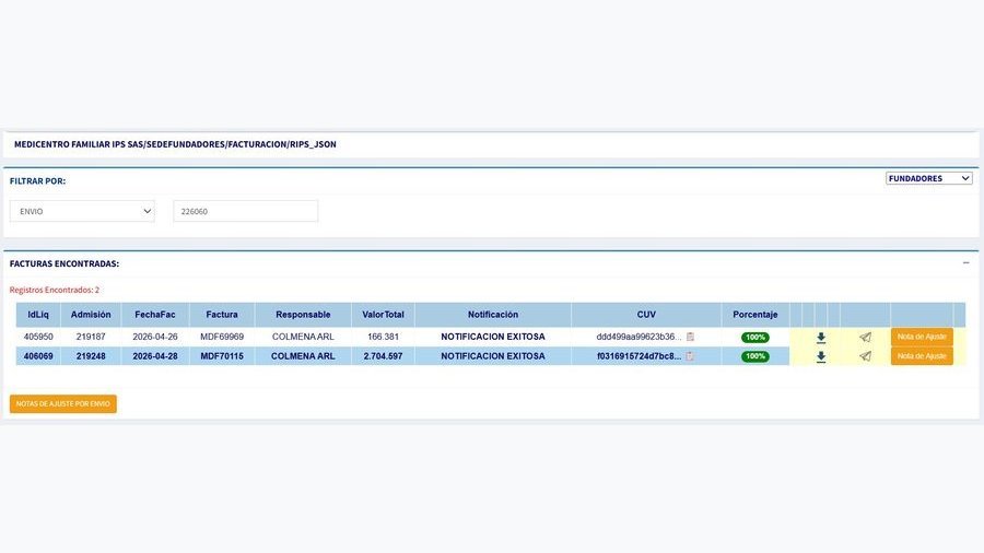 RIPS JSON · Notificación exitosa DIAN · CUV al 100%